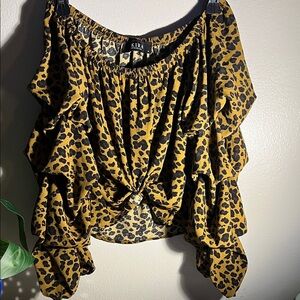 AKIRA Mustard Leopard Off-Shoulder Ruffle Knot Top